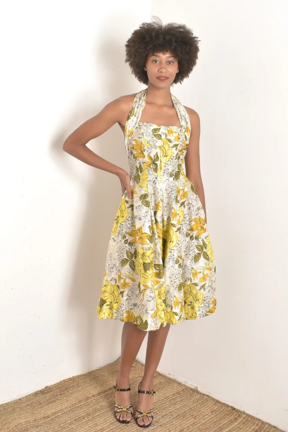 1950s Off-Shoulder Floral Dress-S/M — La Poubelle Vintage